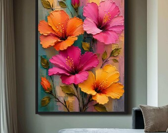 Hibiscus Wall Art Framed Canvas, Colorful Floral Wall Art, Tropical Flower Decor, Botanical Living Room Art