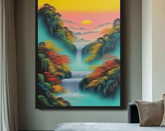 Waterfall Wall Art, Japanese Landscape Print, Colorful Sunset Mountain Art, Turquoise Forest Printable Wall Decor