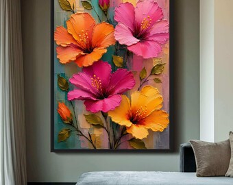 Hibiscus Wall Art Printable, Tropical Flower Art, Colorful Floral Wall Decor, Botanical Art Print