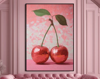 Cherry Disco Ball Surreal Art Print: Pink Wall Decor (Digital Download)