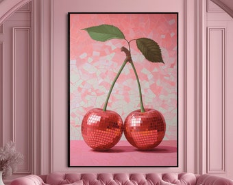 Cherry Disco Ball Framed Poster: Surreal Pink Wall Art