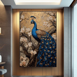 May include: A painting of a peacock with blue and green feathers standing on a branch with white flowers. The background is a gold and brown color.