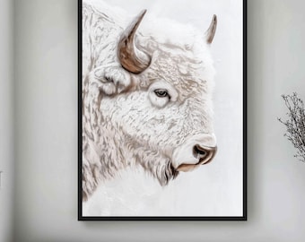 White Buffalo Framed Canvas Print, Western Rustic Wall Art