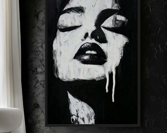 Black White Woman Wall Art, Female Portrait Framed Canvas, Abstract Woman Face Art, Monochrome Fashion Wall Decor