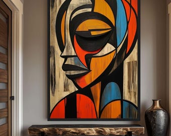 African Wall Art, Afrocentric Woman Portrait, Colorful Cubist Art, Geometric Ethnic Wall Art, Large Framed Canvas