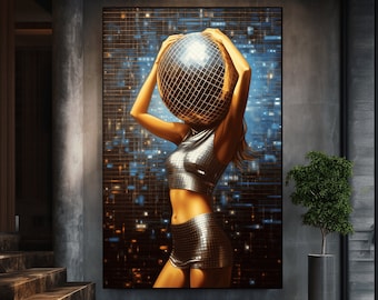Disco Ball Girl Framed Poster: Funky Surreal Wall Art