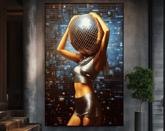 Disco Ball Girl Digital Print, Disco Ball Head, Disco Ball Print, Funky Wall Art, Retro Print, Surreal Art, Surreal, Disco Ball, Wall Art
