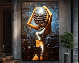 Disco Ball Girl Surreal Print: Funky Retro Wall Art (Digital Download)