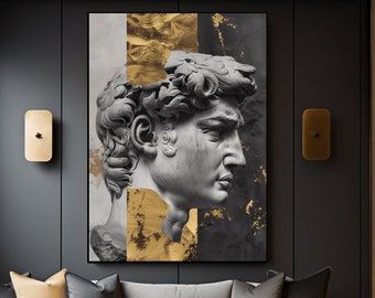 May include: A black and white portrait of a man's face with gold accents. The portrait is framed and hanging on a wall in a living room.