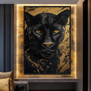 Black Panther Modern Art Digital Print, Black and Gold, Black Panther Art, Black Panther, Panther Print, Cat Wall Art, Big Cat Art, Wall Art