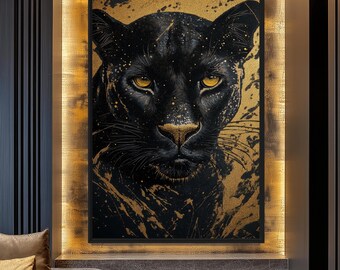 Black Panther Art Print: Modern Black and Gold Cat Wall Decor (Digital Download)