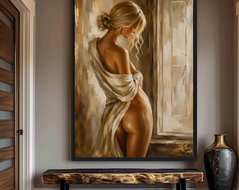 Blond sensuell kvinna väggkonst på canvas, blond kvinnakonst, elegant kvinnakonst, figurativ konst, intim väggkonst, boudoirväggkonst