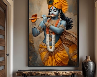 Ingelijste canvaskunst Krishna: Hindoeïstische spirituele huisdecoratie