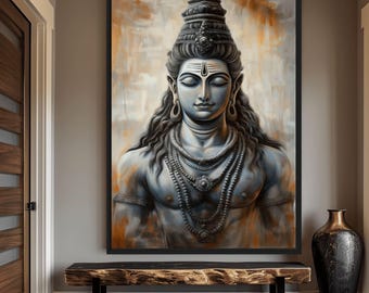 May include: A large framed painting of a deity with a serene expression, adorned with layered necklaces and a detailed headdress. The artwork is displayed above a wooden bench with black metal legs, complemented by a decorative vase and a striped rug.