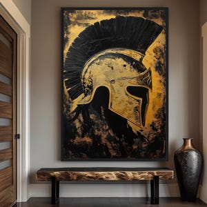 May include: A black and gold painting of a Spartan helmet with a black plume. The helmet is painted in a realistic style with details of the metal and the plume.