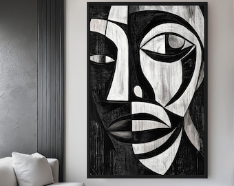 African Abstract Art Framed Canvas: Black and White Afrocentric Wall Decor