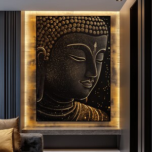 May include: A large, rectangular black and gold Buddha wall art piece. The Buddha's face is detailed with gold accents, and the background is a starry night. The artwork is illuminated by a warm, golden light, creating a serene atmosphere.