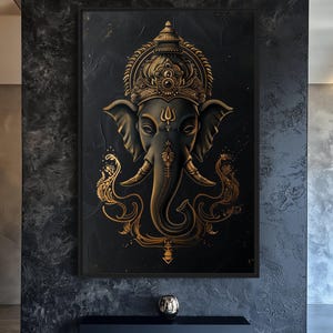 May include: A black and gold illustration of the Hindu deity Ganesha, an elephant-headed god, with a detailed crown and ornate floral patterns. The image is set against a dark background.