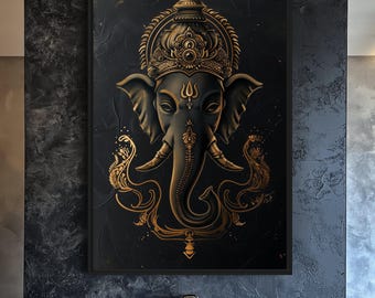 Lord Ganesha Framed Poster: Black and Gold Hindu Wall Art