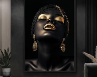 May include: A black and gold portrait of a woman with her eyes closed. She is wearing a gold head wrap and large gold earrings. The background is black.