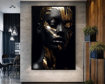 May include: A black and gold abstract portrait of a person's face. The face is covered in gold paint and the background is black.