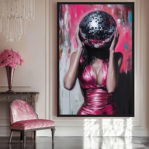 Kobieta Disco Ball Head Oprawione płótno, wydruk Disco Ball, plakat Disco Ball, sztuka Disco Ball, dekoracja Disco Ball, odjechana sztuka ścienna, modna sztuka ścienna