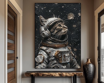 ジクレー版画とキャンバス、「月面最初の猫」、宇宙飛行士の猫、宇宙の