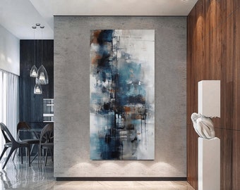 Blauwgrijze abstracte canvas muurkunst: modern interieur