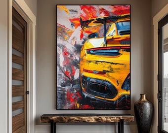 May include: A yellow sports car with a black rear spoiler and black exhaust pipes is painted on a canvas with abstract red, orange, white, and black brushstrokes.