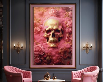 Floral Skull Print: Pink & Gold Skull Painting (Digital Download)