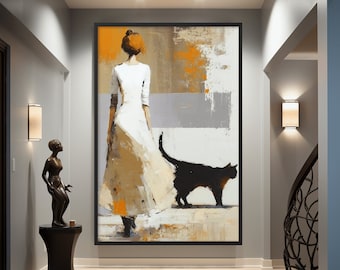 Woman and Black Cat Abstract Art Print - Framed Matte Paper Poster