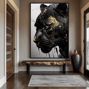 Pôster emoldurado de Pantera Negra, arte de parede abstrata, preto e dourado, arte de parede abstrata emoldurada, pintura de pantera, arte de parede grande, impressões digitais