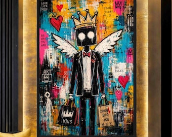 Graffiti Wall Art, Robot Angel King Print, Colorful Pop Art, Crown Street Art, Edgy Urban Decor, Printable Wall Art