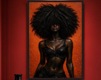 Afro Woman Wall Art, Black Woman Portrait Framed Canvas, Afrocentric Feminine Art, Bold Red Black Wall Decor