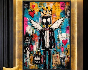 Graffiti Wall Art Framed Canvas, Robot Angel King, Colorful Pop Art, Modern Street Art, Urban Decor, Statement Wall Art