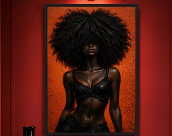 Afro Woman Wall Art, Black Woman Portrait, Afrocentric Feminine Art, Bold Red Black Decor, Printable Wall Art