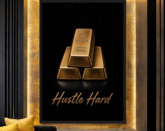 Hustle Hard Gold Bar Wall Art, Black Gold Motivational Canvas, Entrepreneur Office Decor, Luxury Success Art