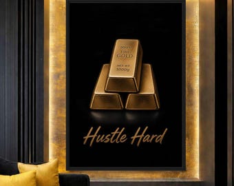 Hustle Hard Gold Bar Art, Motivational Entrepreneur Wall Art, Money and Success Office Decor, Printable Wall Art