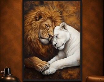 Lion and Lioness Wall Art Framed Canvas, Romantic Lion Painting, Wildlife Safari Canvas, Neutral Animal Art, Large Living Room Decor