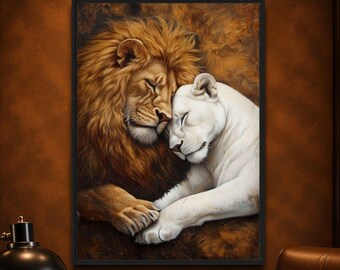 Lion and Lioness Wall Art, Romantic Lion Painting, Wildlife Safari Art, Neutral Animal Decor, Printable Wall Art