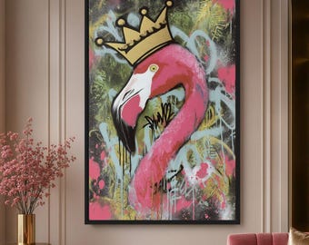 Rosa flamingo inramad canvastavla, krongraffitikonst, urban väggdekor, neonflamingo, stor iögonfallande väggkonst