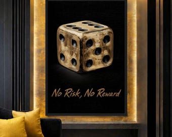 Dice Wall Art, Gold Dice Art Print, No Risk No Reward Motivational Poster, Black Gold Entrepreneur Office Decor