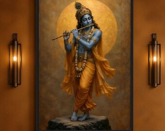 Krishna Wall Art Printable, Lord Krishna Playing Flute, Gold Hindu God Print, Indian Spiritual Decor, Meditation & Pooja Room Art