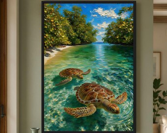 Sea Turtle Wall Art, Coastal Wall Art, Beach House Decor, Nautical Sea Life Art, Turquoise Ocean Animal Printable Wall Art