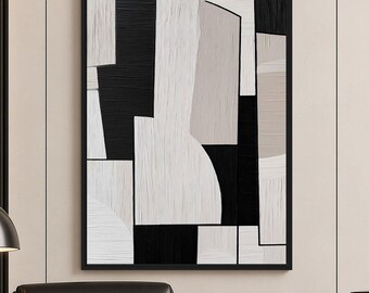 Black and White Geometric Framed Canvas, Beige Abstract Wall Art, Minimalist Scandinavian Decor, Living Room Wall Art