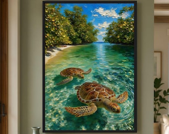 Sea Turtle Wall Art, Framed Canvas, Coastal Wall Art, Beach House Decor, Nautical Sea Life Art, Turquoise Ocean Animal Wall Art
