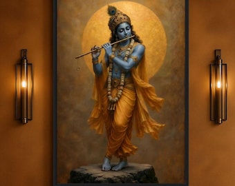 Krishna Wall Art Framed Canvas, Lord Krishna Playing Flute, Gold Hindu God Art, Large Indian Spiritual Decor for Pooja Room