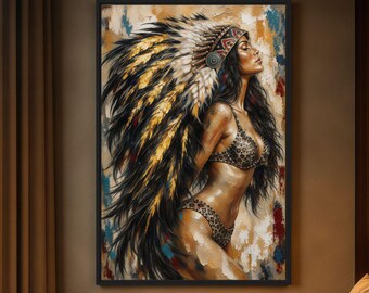 Native American Art, Feather Headdress Wall Art, Sensual Woman Canvas, Western Rustic Wall Decor, Earth Tone Art