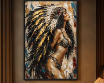 Native American Art Printable, Feather Headdress Wall Art, Western Woman Art, Sensual Feminine Wall Decor