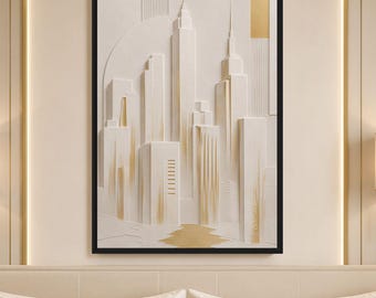New York Wall Art, NYC Skyline Framed Canvas, Beige Gold Manhattan Cityscape, Neutral Modern Urban Decor